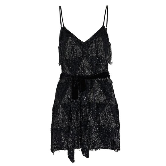 RETROFÊTE Claire Sequin Fringe Dress Black Mini Embellished Cocktail Party sz S - Picture 7 of 9